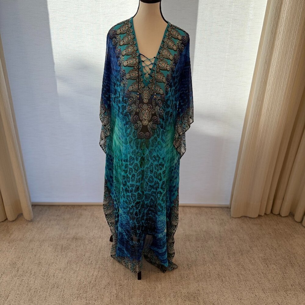 ASA Kaftans Embellished Blue Kaftan Maxi Dress Crystal Detail Size M
